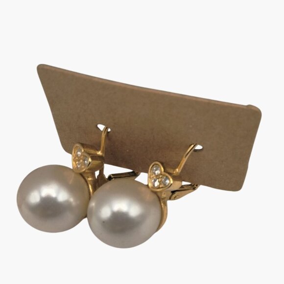 Faux Pearl Crystal Heart Drop Pierced Earrings Gold Tone Wedding Valentine - Picture 4 of 5